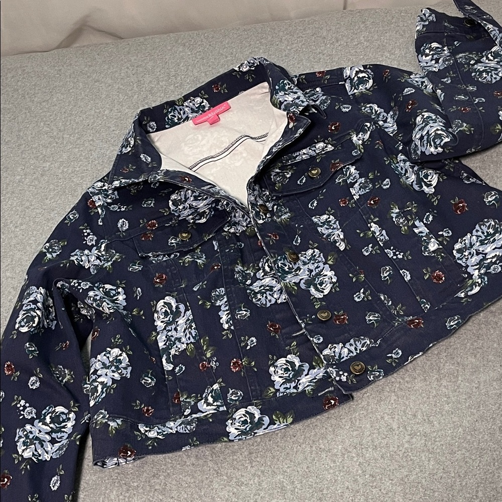 Cottagecore Floral Denim Jacket Womens Size 14 Casual Blue